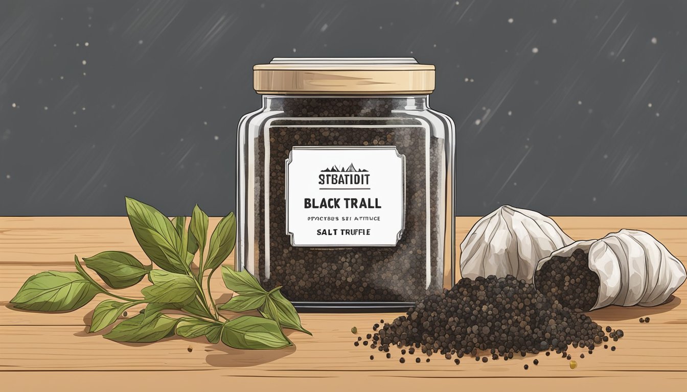 A small jar of black truffle salt surrounded by other expensive spices on a wooden countertop