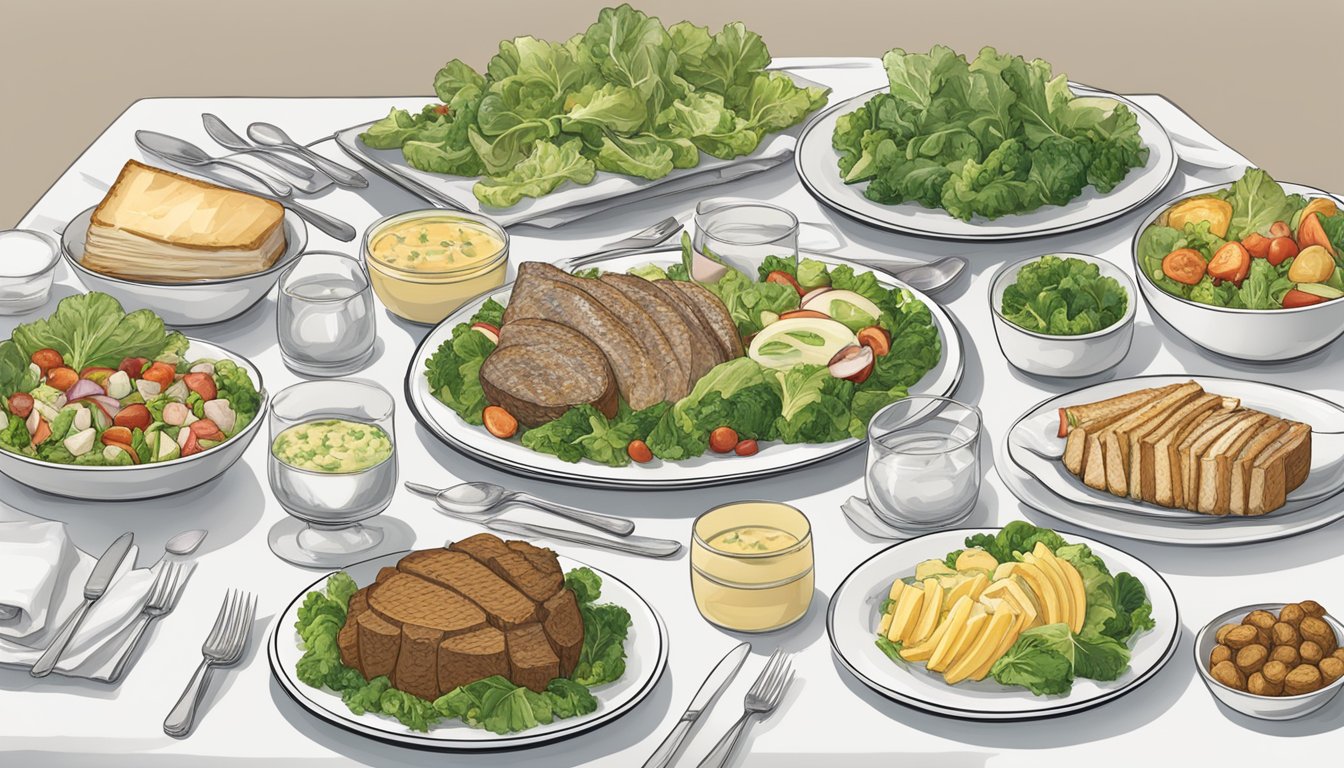 A table set with plates of food, each named after a different person, such as Chateaubriand, Caesar salad, and Waldorf salad