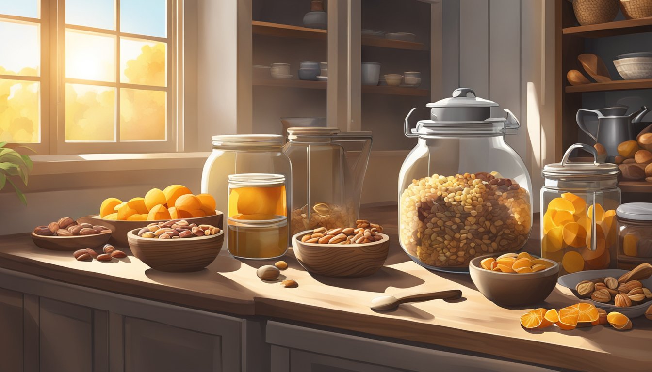 A rustic kitchen counter with an assortment of dried fruits, nuts, and baking tools. Sunlight streaming in through a window