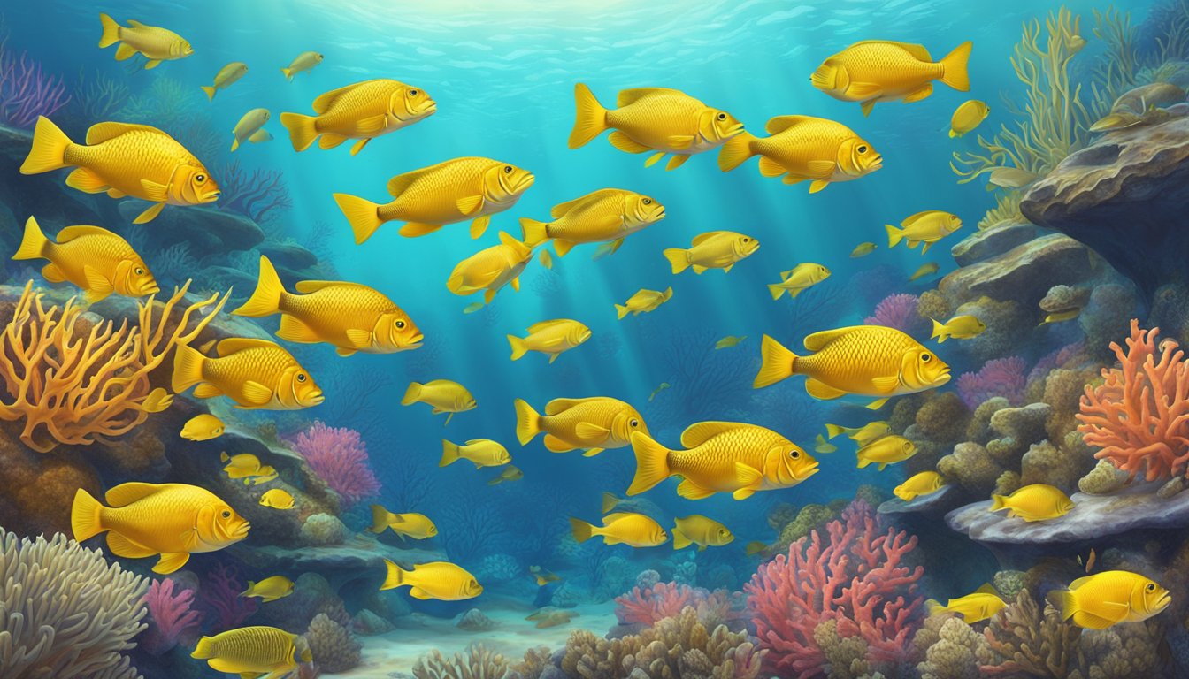 A school of golden basslets swimming among vibrant coral in a pristine reef habitat