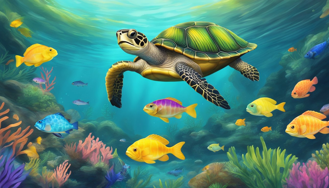 A Fly River Turtle swimming among exotic and colorful fish in a lush, underwater river habitat