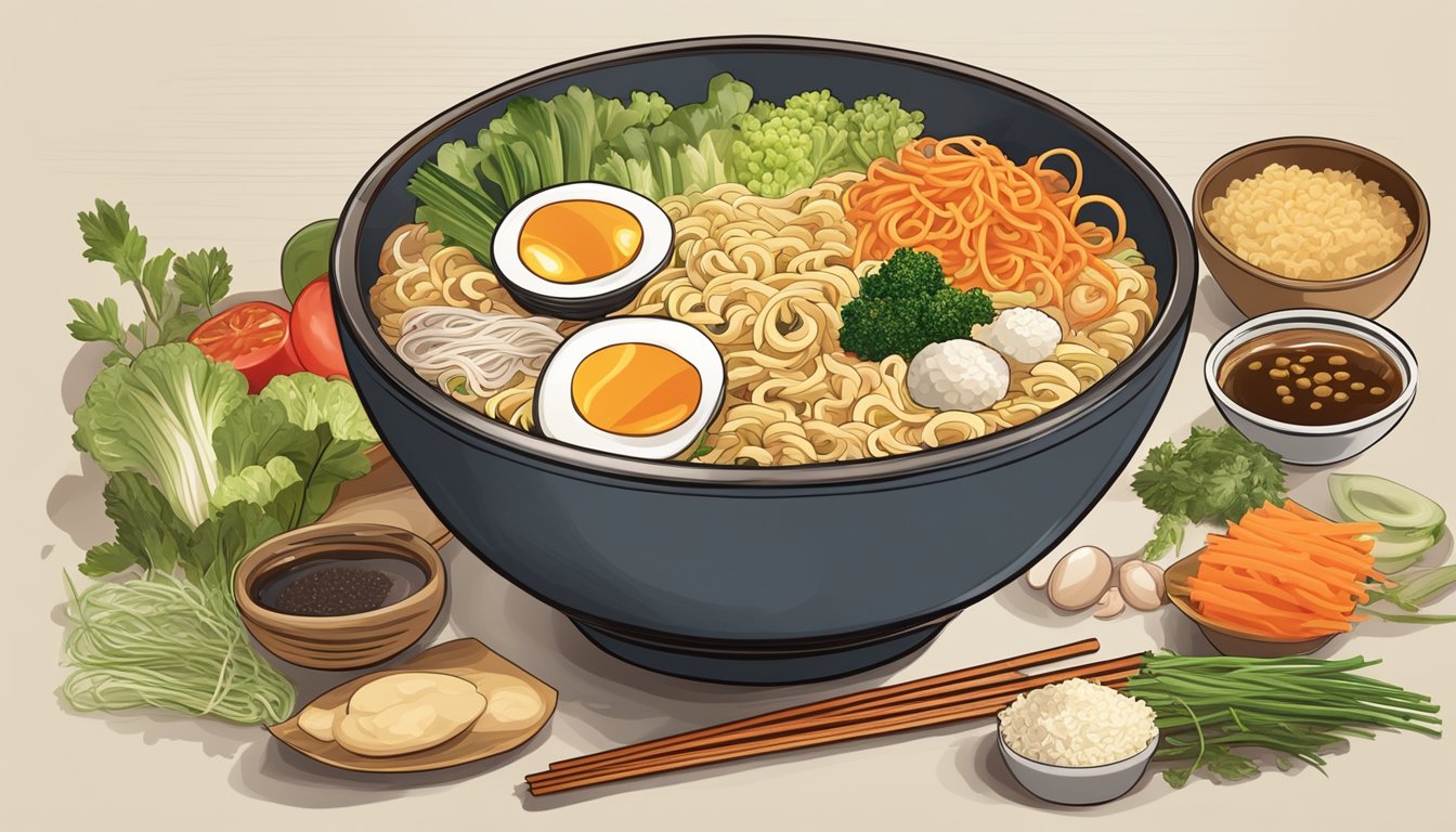 A steaming bowl of instant ramen surrounded by various fresh ingredients and seasonings, ready to be transformed into a gourmet dish