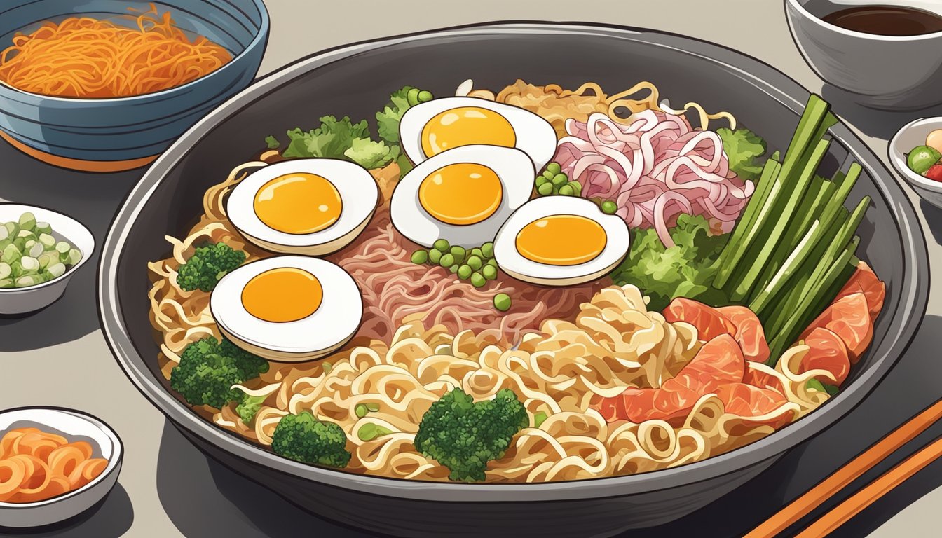 A steaming bowl of instant ramen adorned with an array of colorful and creative toppings, such as sliced vegetables, soft-boiled eggs, and savory meats