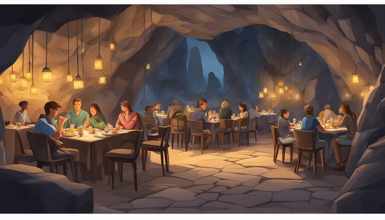 A dimly lit cave with tables and chairs nestled among the rocky walls, diners enjoying their meals in the unique ambiance