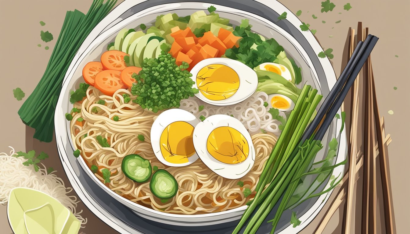 A steaming bowl of ramen surrounded by vibrant, fresh ingredients like sliced green onions, soft-boiled egg, and colorful vegetables