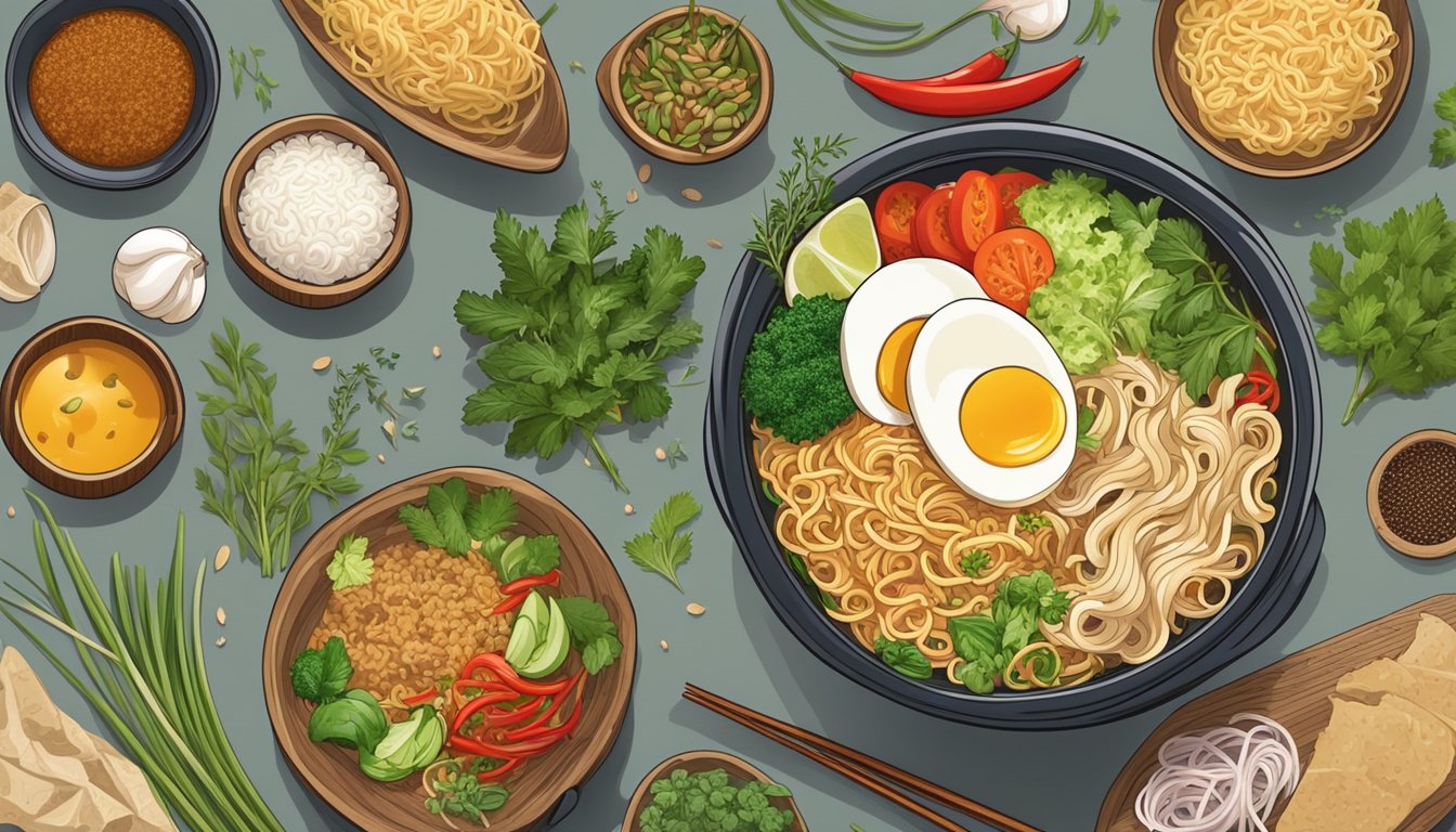 A steaming bowl of instant ramen surrounded by a variety of fresh herbs, spices, and other flavorful ingredients, ready for a culinary makeover