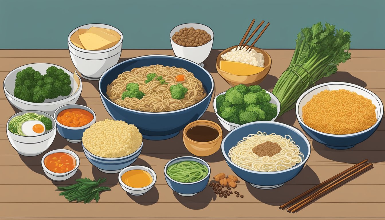 A table filled with various ingredients such as vegetables, tofu, and spices, arranged next to a bowl of instant ramen noodles