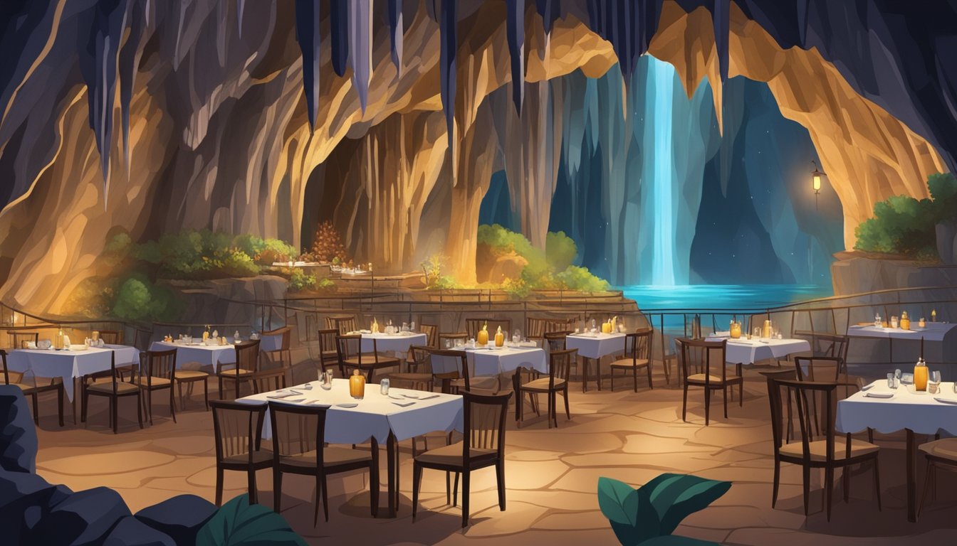 A restaurant set in a cave, with dim lighting and tables nestled among stalactites and stalagmites. A waterfall in the background adds to the unique dining experience