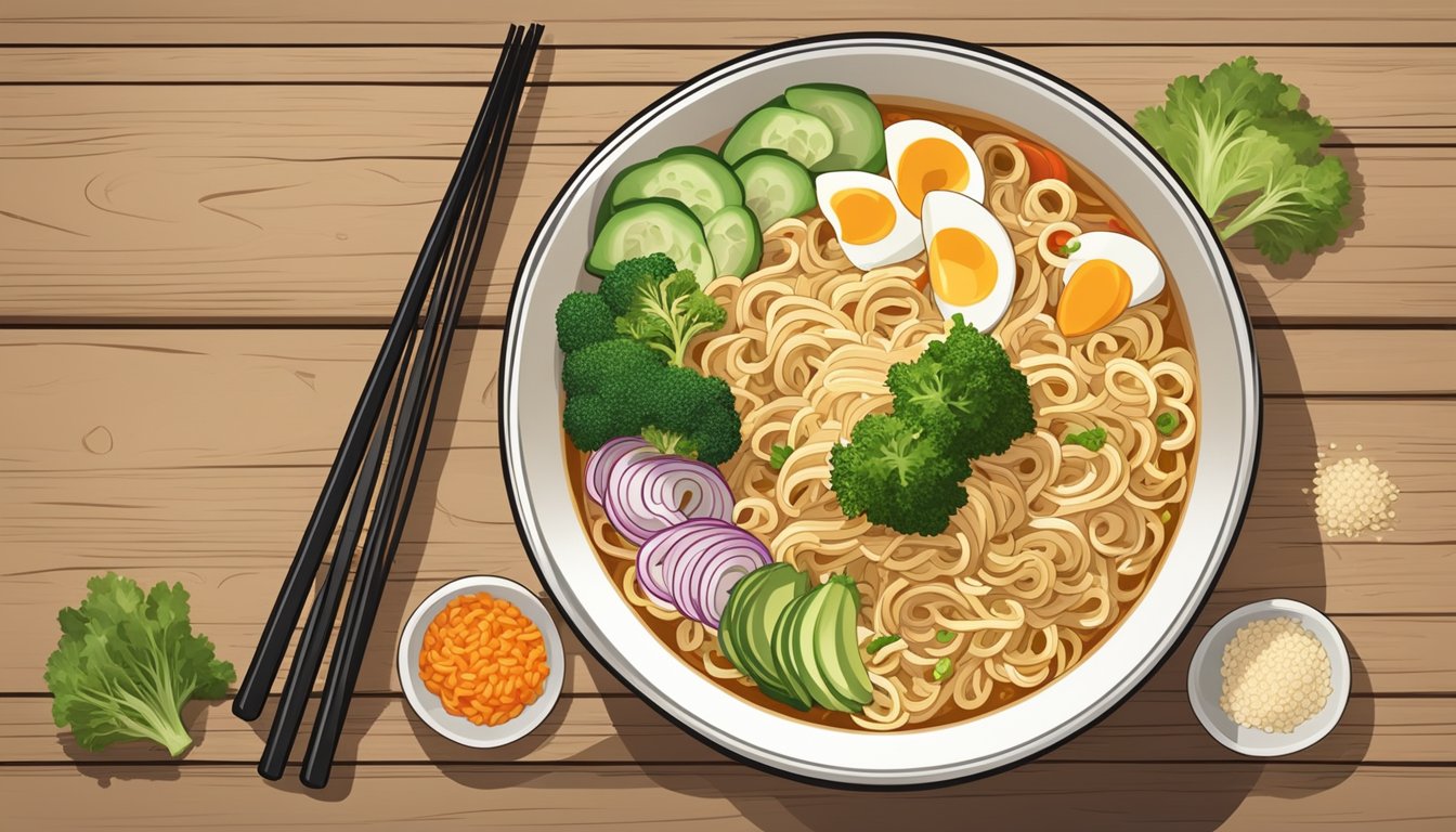 A steaming bowl of gourmet-style instant ramen noodles garnished with fresh vegetables and a sprinkle of sesame seeds, served on a rustic wooden table