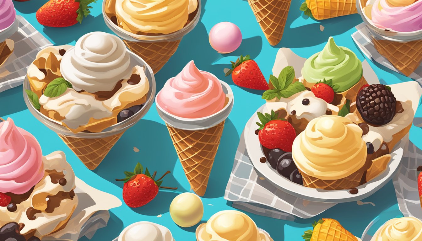 A colorful array of melting ice cream cones and sundaes scattered on a sunlit picnic table