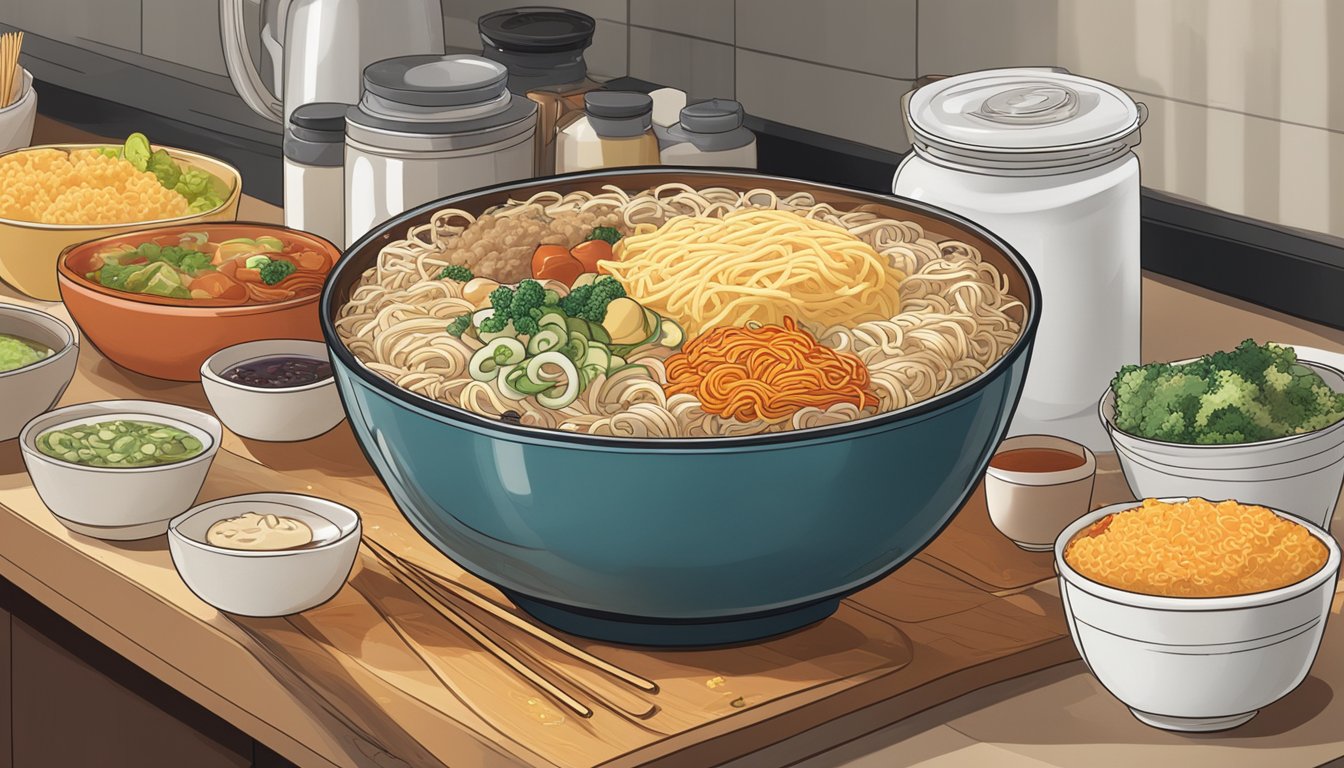 A steaming bowl of instant ramen sits on a kitchen counter, surrounded by various toppings and condiments. A microwave and a pot of boiling water are visible in the background