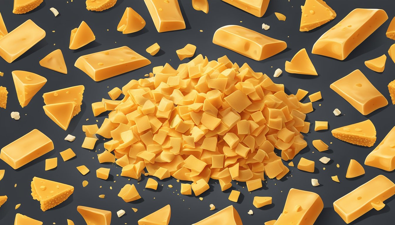 A pile of cheddar cheese wedges surrounded by empty chip bags and crumbs