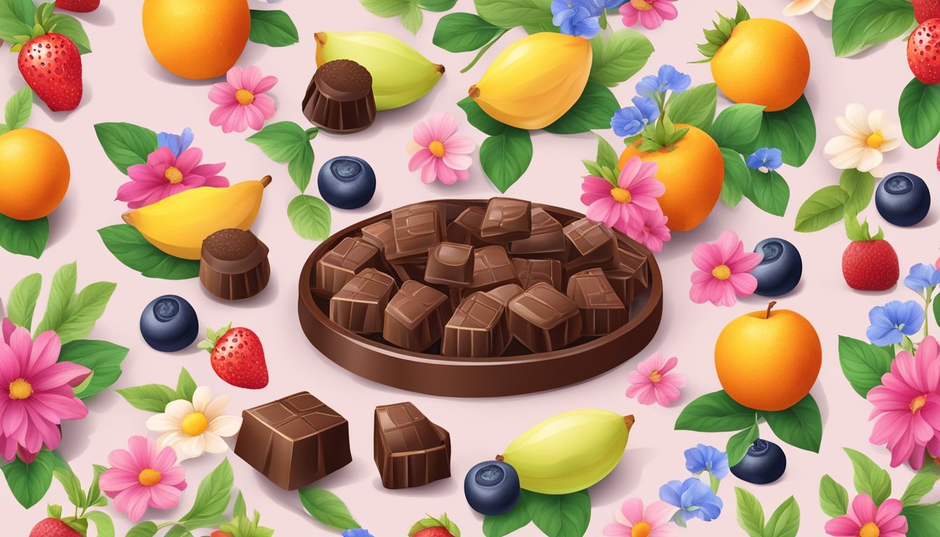 A variety of chocolates surrounded by fresh fruits and colorful flowers