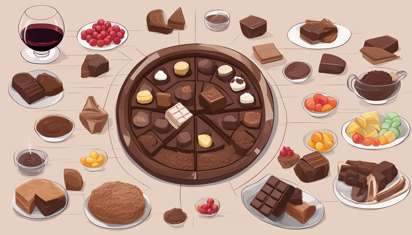 A table with a spread of chocolate and red wine, surrounded by various ingredients and flavor profiles, illustrating the complexity of chocolate's 600 flavor compounds compared to red wine's 200