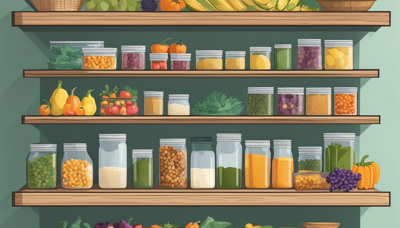 A pantry shelf with canned goods and dry ingredients next to a basket of fresh produce