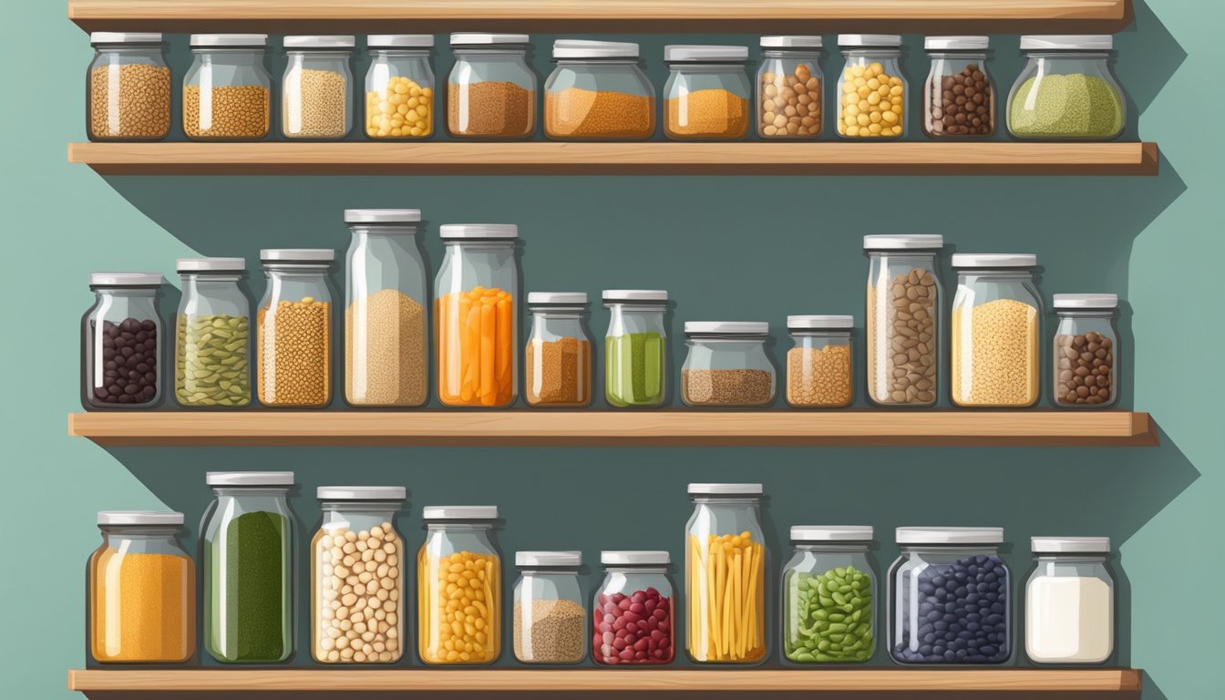 A pantry shelf with neatly organized jars and bags of various grains and legumes, alongside canned vegetables and fruits