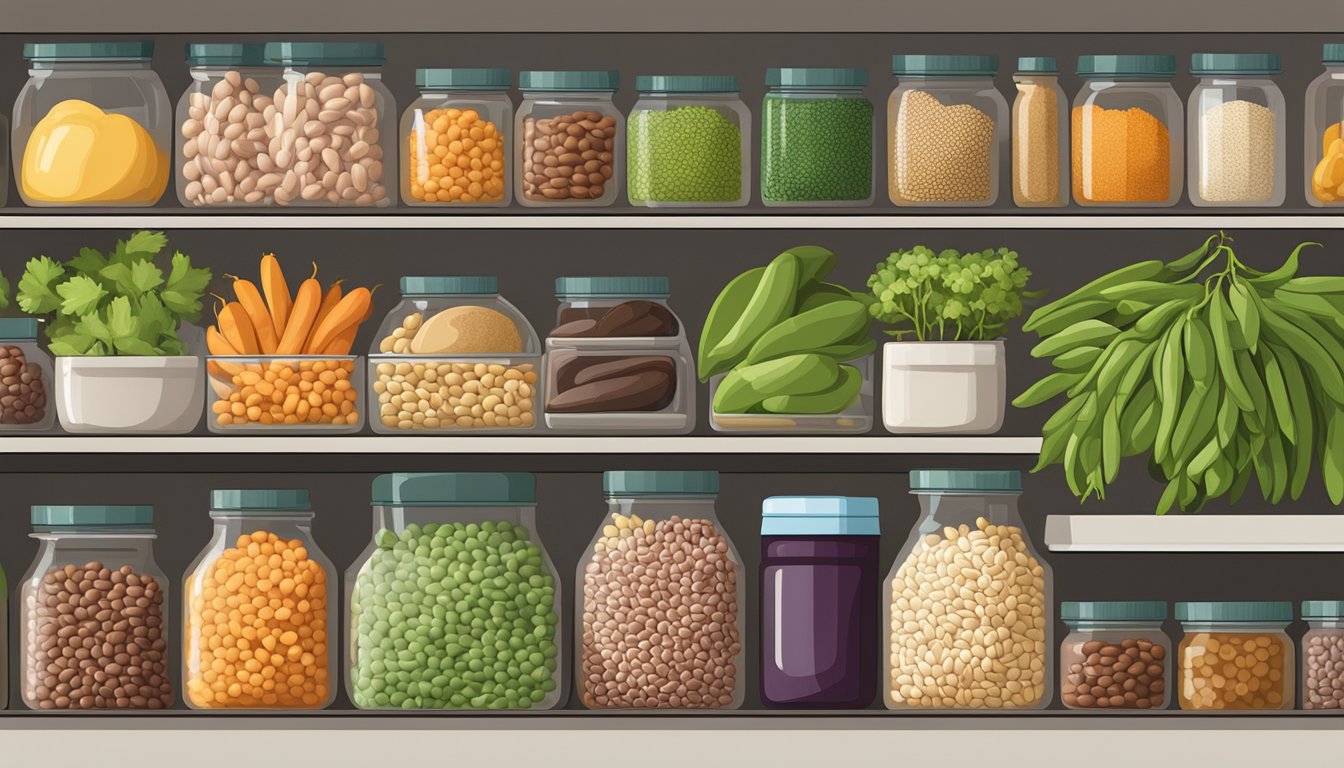 A variety of beans and legumes arranged on a shelf, alongside fresh produce for protein swaps