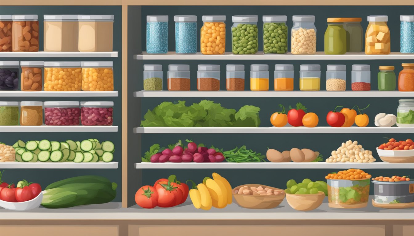 A pantry shelf with canned meats, beans, and tofu next to fresh fruits and vegetables