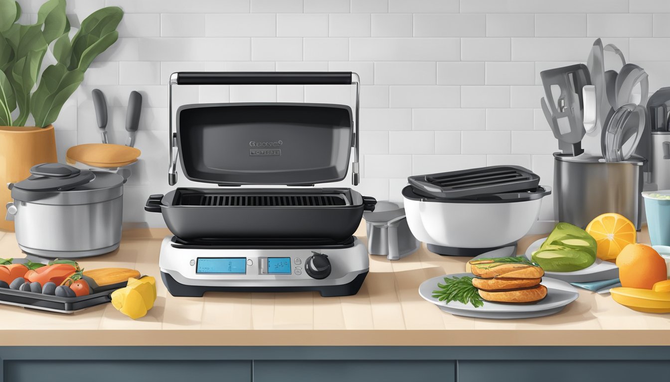 A kitchen counter with a George Foreman Grill surrounded by various modern kitchen gadgets