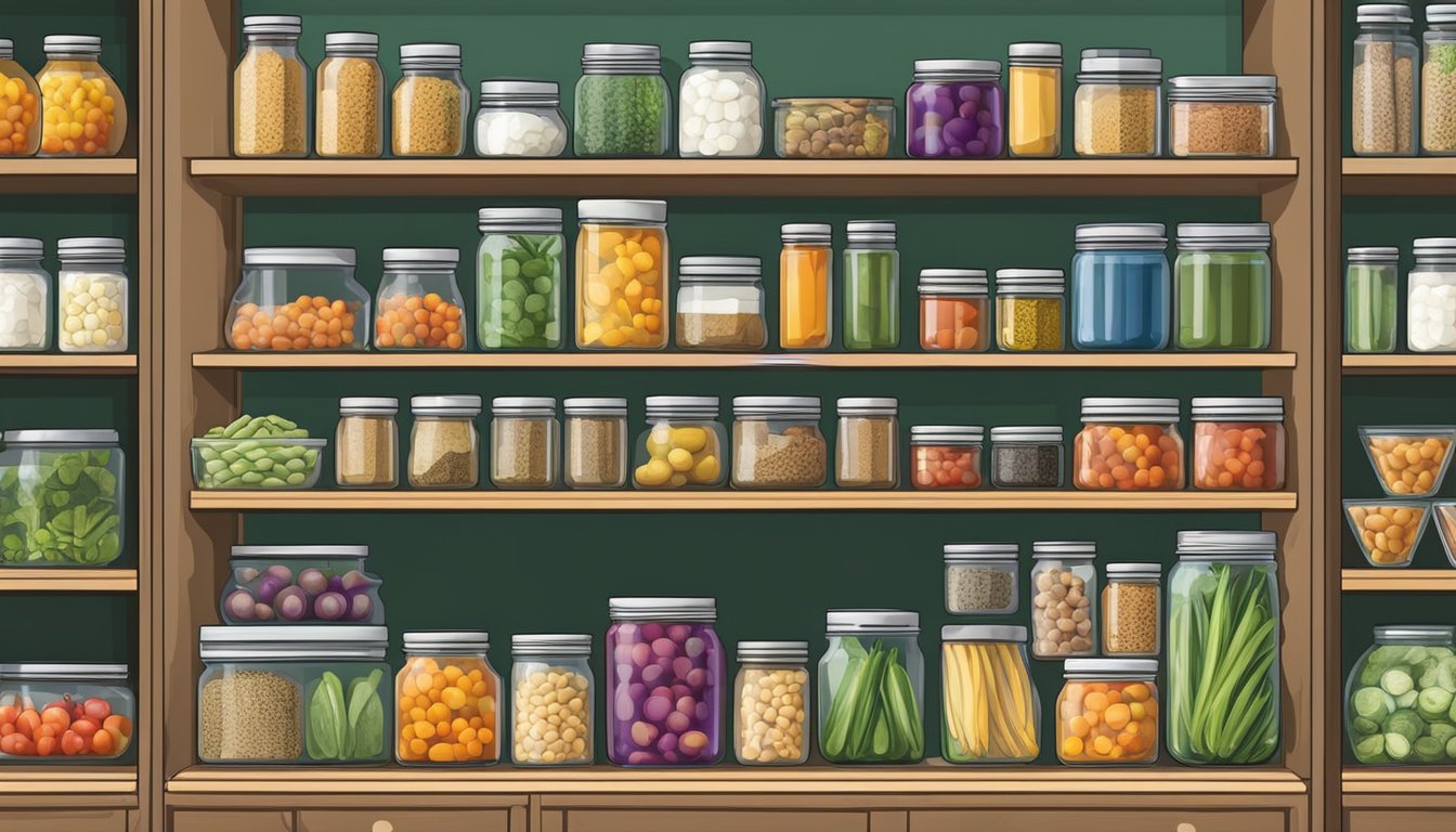 A pantry shelf stocked with cans and jars of various vegetables, neatly organized and labeled for easy access