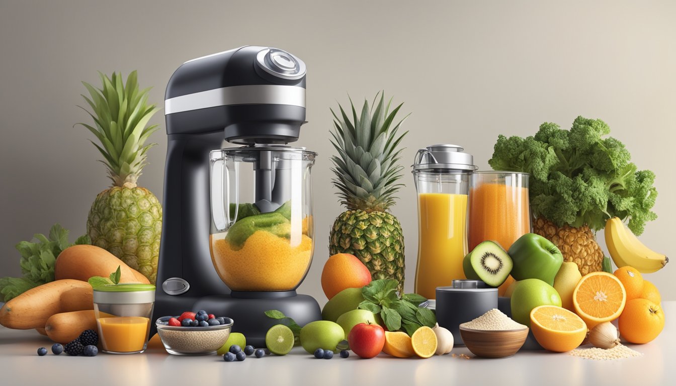 A kitchen counter with a blender surrounded by various food items and ingredients, including fruits, vegetables, and grains