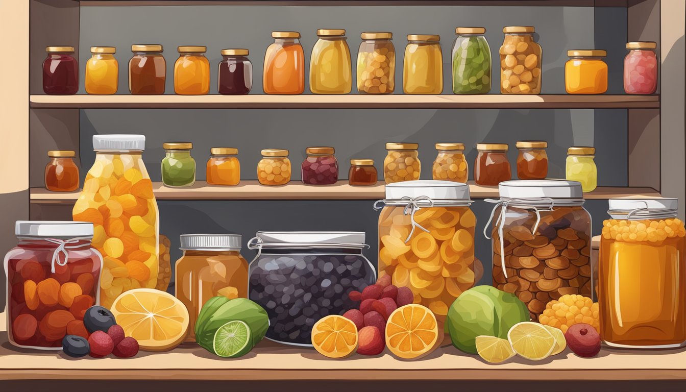 A colorful array of dried fruits, honey, agave nectar, and fruit preserves arranged on a shelf, with fresh produce displayed nearby