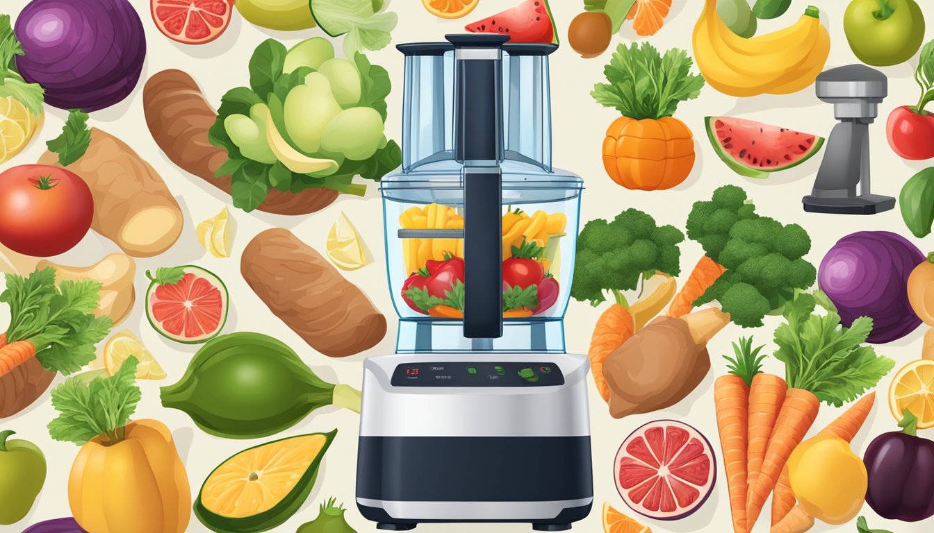 A food processor surrounded by various fresh fruits, vegetables, and meats, with the machine in action, chopping and blending ingredients