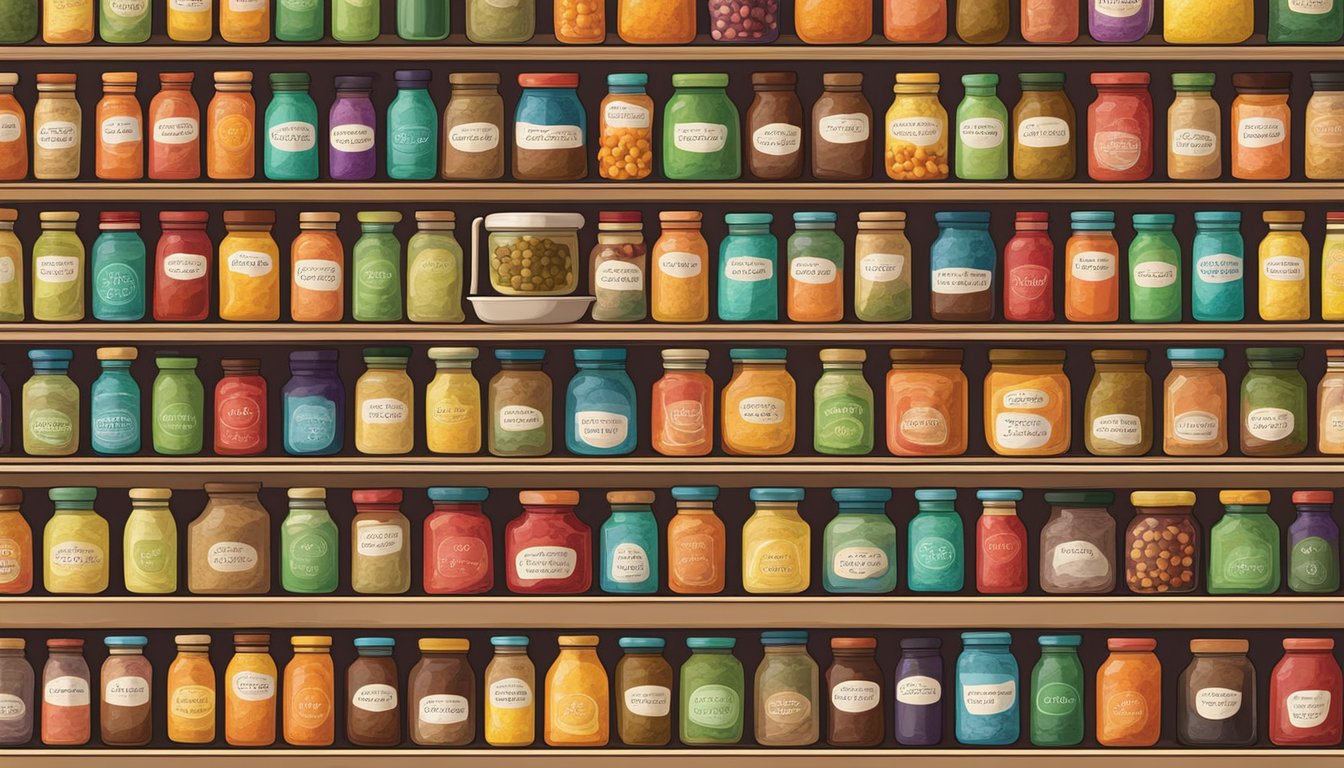 A variety of colorful spices and condiments are arranged neatly on a shelf, with fresh produce displayed nearby. The vibrant colors and enticing aromas suggest a delicious enhancement of flavor