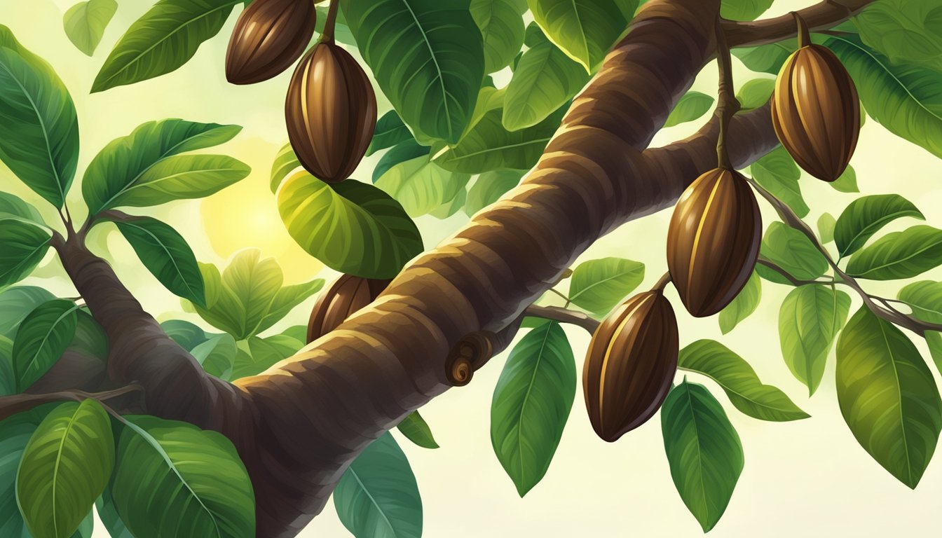 A cocoa tree surrounded by vibrant green leaves, with ripe cacao pods hanging from its branches. Beams of sunlight shining through the canopy, illuminating the rich brown pods