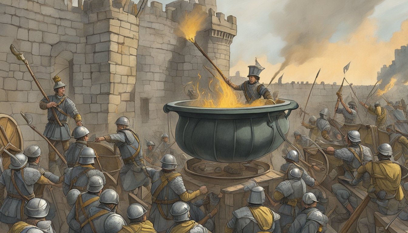 A cauldron of boiling oil is being poured from the battlements onto the attacking soldiers below