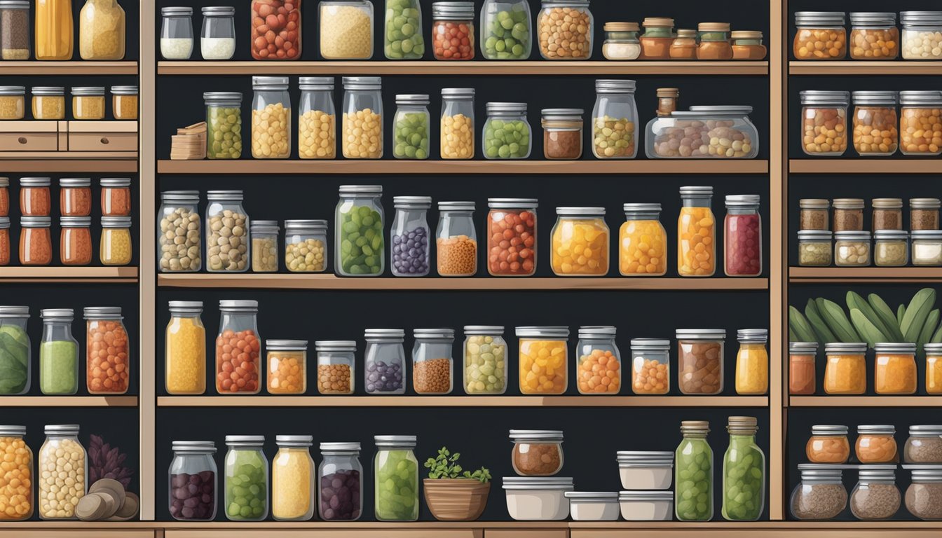 A well-stocked pantry with rows of canned goods and jars of dried ingredients, alongside fresh produce being swapped for shelf-stable alternatives