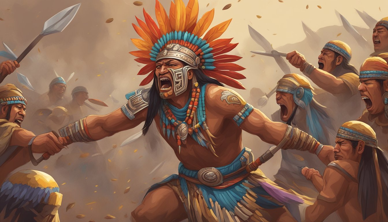 A warrior sprinkles ground Aztec chilies into the eyes of an enemy, causing them to scream in pain and blindness