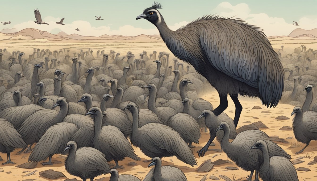 Emus pecking at piles of food dropped by soldiers, causing chaos and confusion in the midst of the Great Emu War