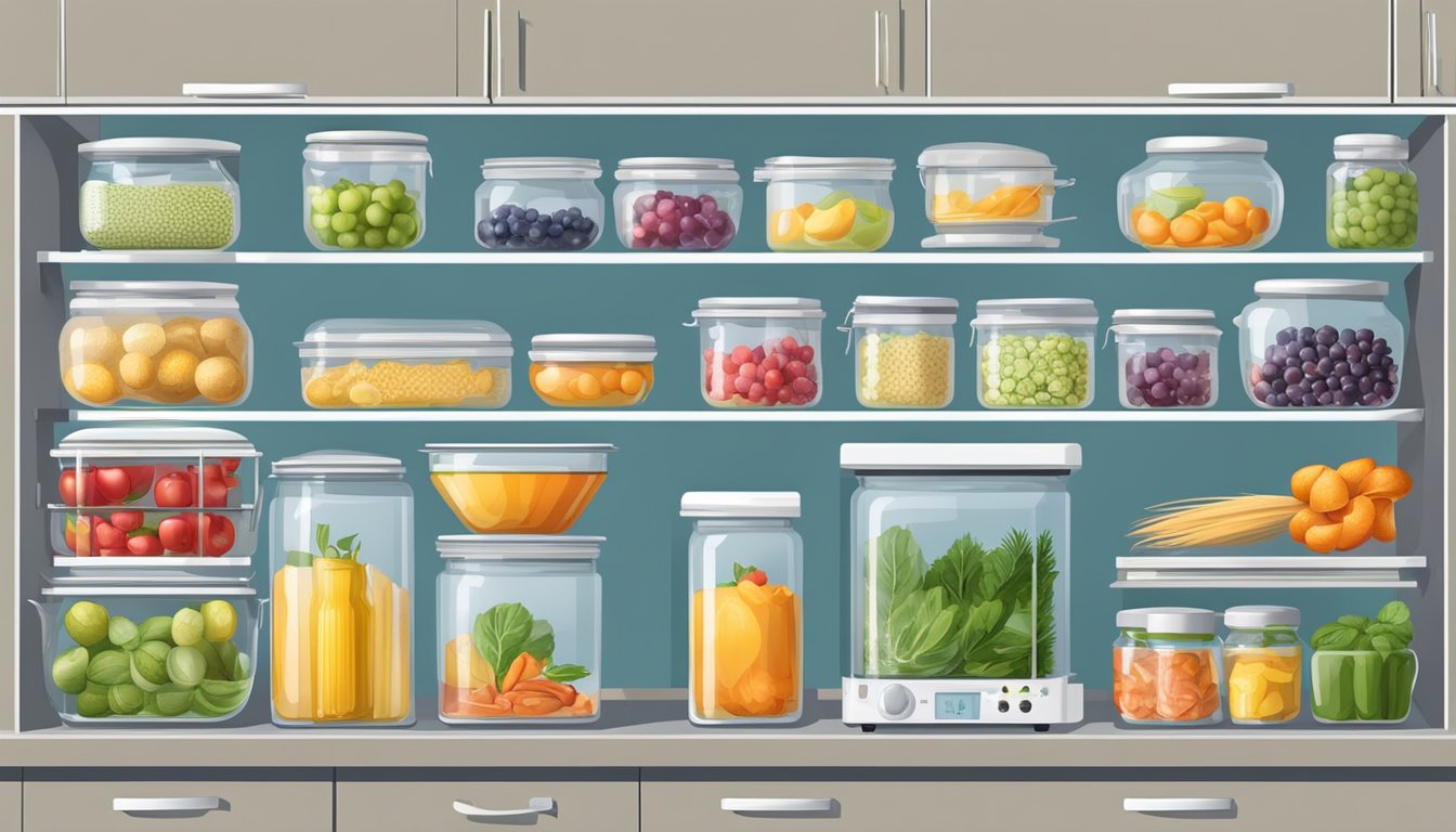 A modern kitchen with various food preservation devices: refrigerator, freezer, canning jars, vacuum sealer, dehydrator, and pasteurization equipment