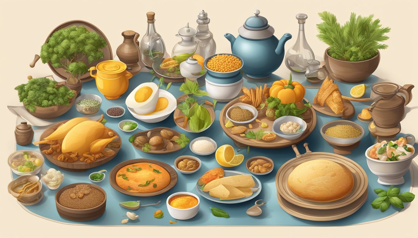 A table set with ancient and modern food inventions, surrounded by diverse cultural symbols and ingredients