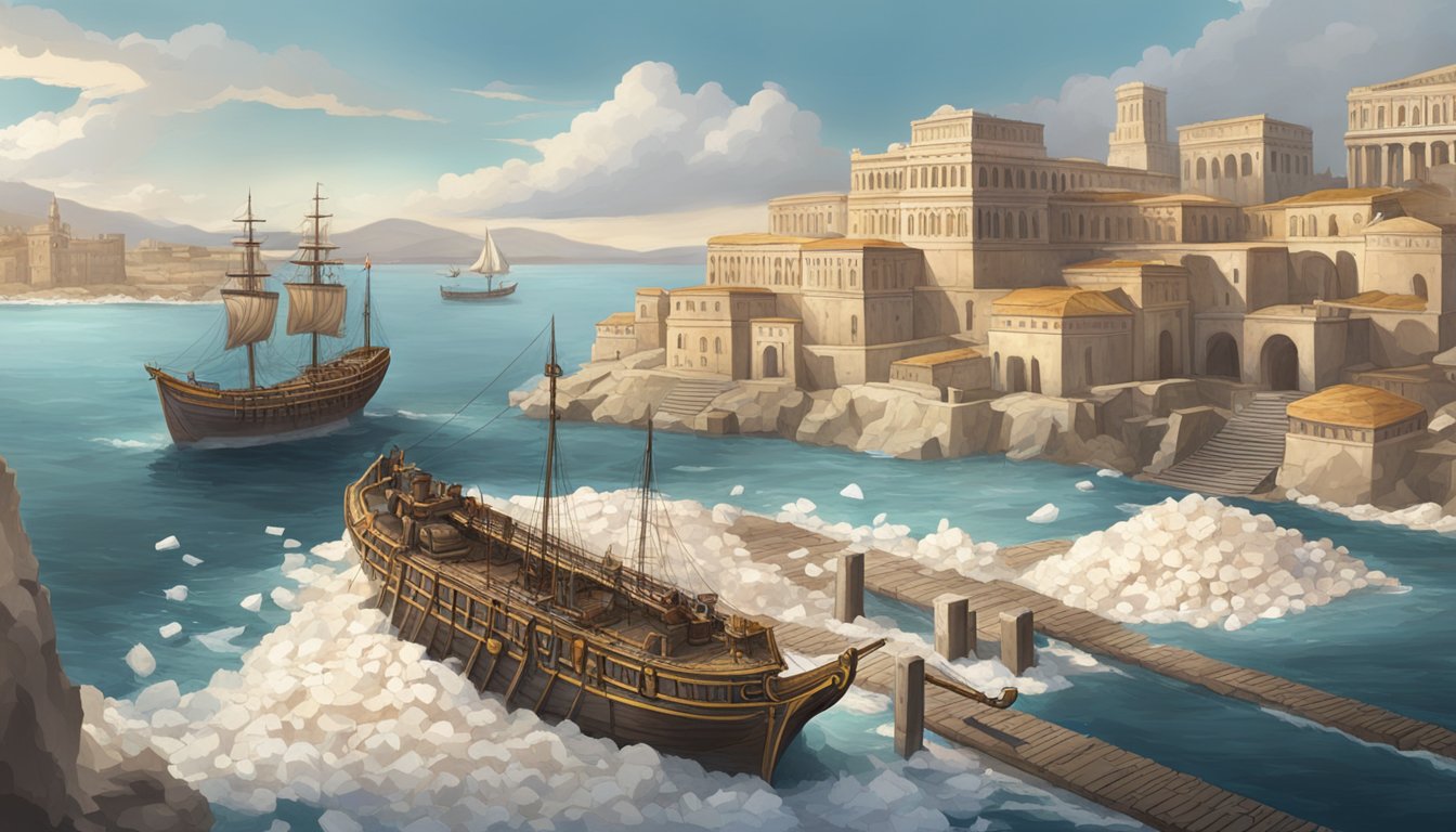 A Roman ship blocking a harbor entrance with a large pile of salt, preventing food and supplies from reaching the city