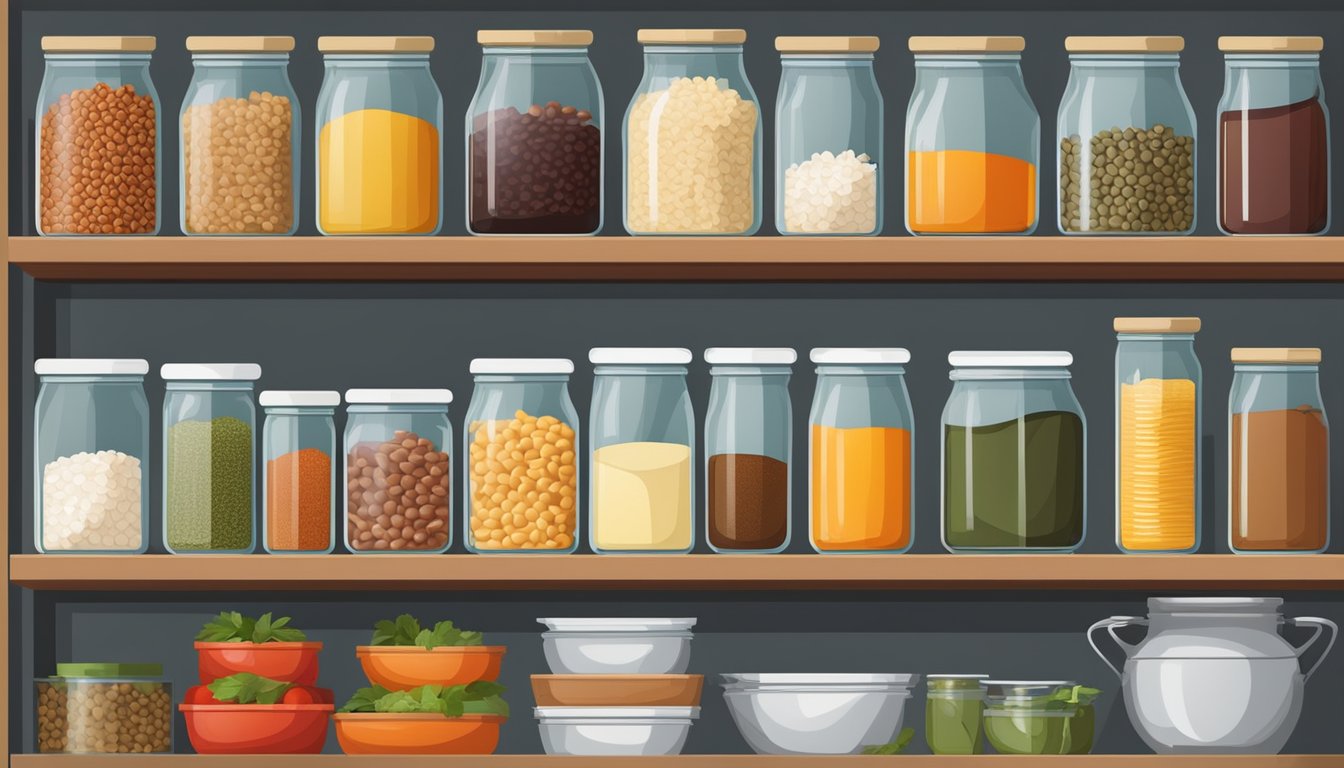 A well-stocked pantry with cans of beans, tomatoes, broth, and bags of rice, pasta, and lentils. On the shelves are jars of spices, oils, and vinegars