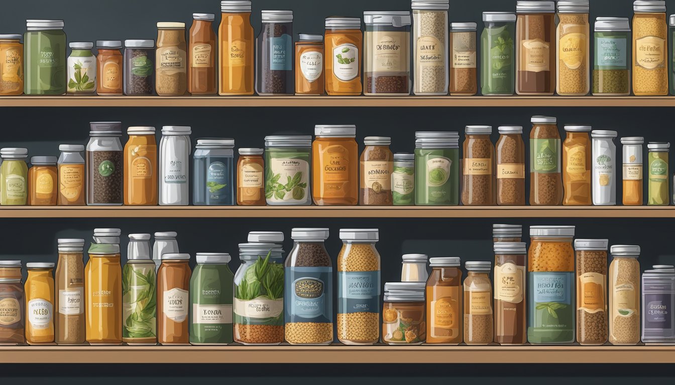 A variety of canned and boxed stocks and broths sit neatly arranged on a pantry shelf, surrounded by jars of spices and dried herbs