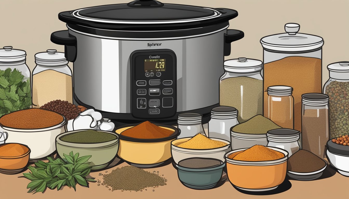 A variety of spices, herbs, and dried ingredients arranged on a kitchen counter next to a slow cooker, ready to be mixed into the perfect spice blend for shelf-stable, slow cooker meals