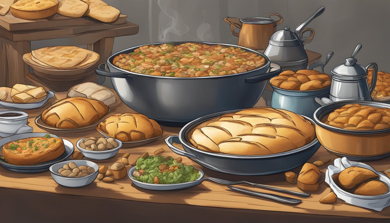 A table set with a feast, but the food is weaponized - pies with hidden rocks, sharp utensils hidden in bread, and boiling pots ready to be tipped over