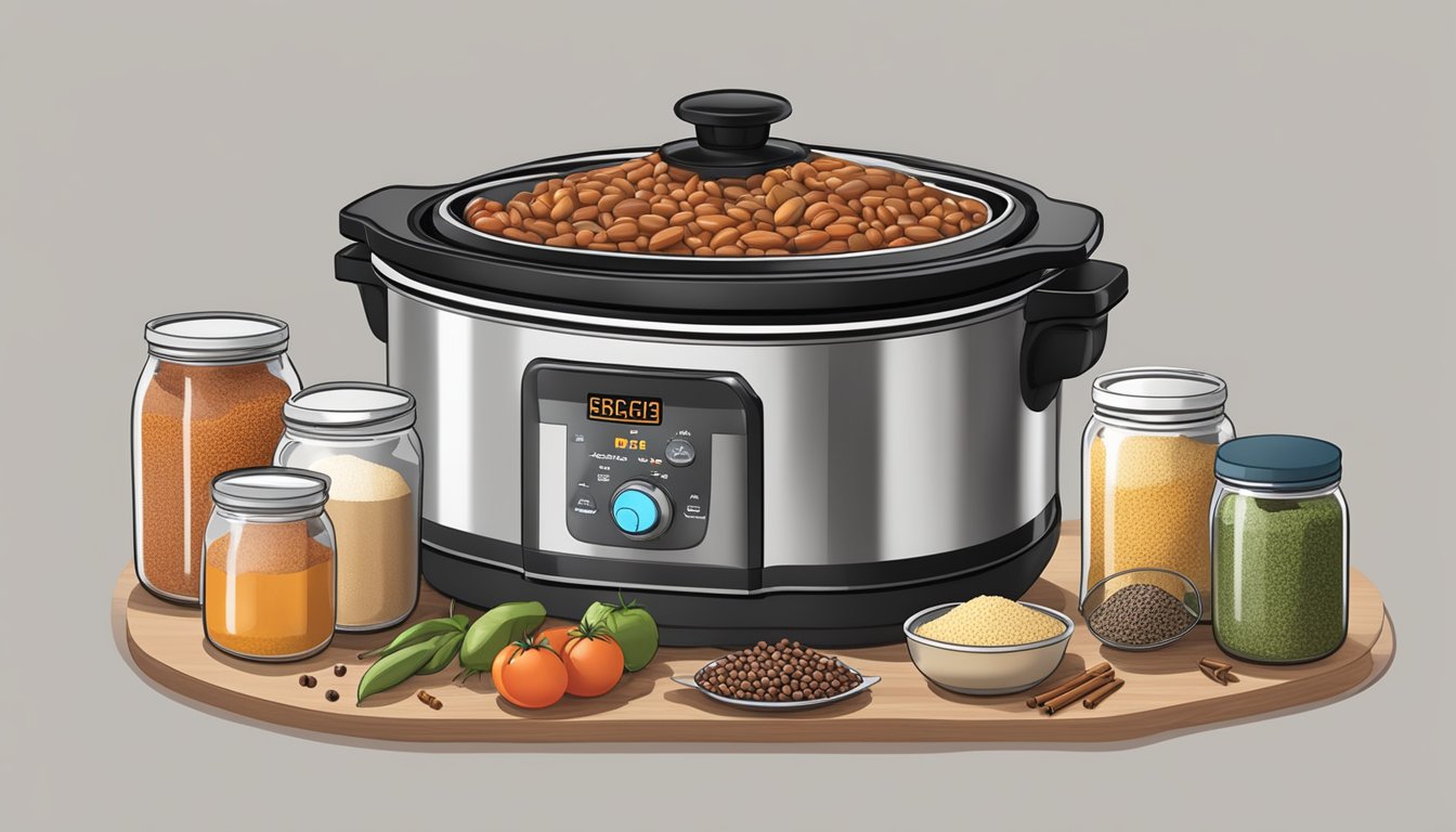 A slow cooker surrounded by cans, jars, and bags of shelf-stable ingredients like beans, tomatoes, and spices