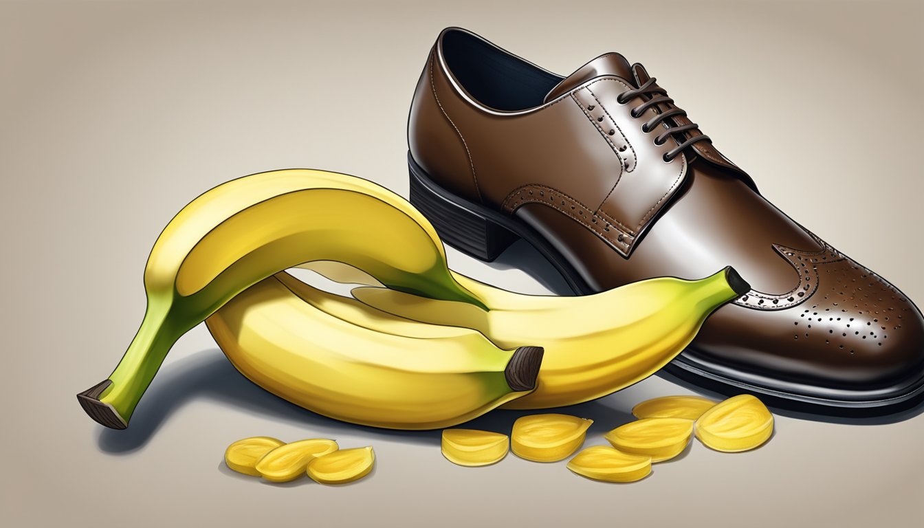 A banana being used to polish a leather shoe, with the fruit's peel being rubbed against the shoe's surface