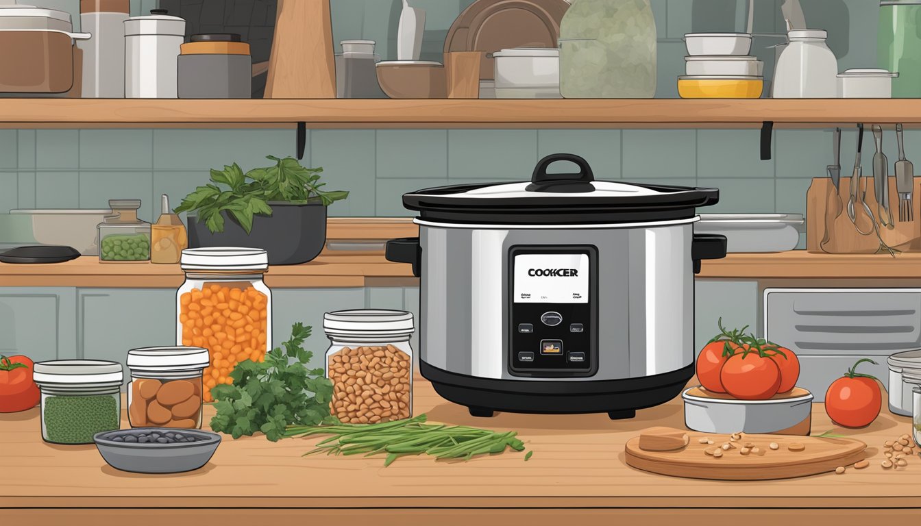 A slow cooker sits on a kitchen counter surrounded by shelf stable ingredients like canned beans, diced tomatoes, and dried herbs. A variety of leftover containers are stacked nearby, ready for meal prep