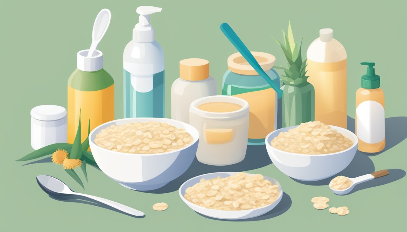 A bowl of oatmeal with a spoon, surrounded by various items like lotion, aloe vera, and bandages, indicating non-food uses for soothing skin irritation