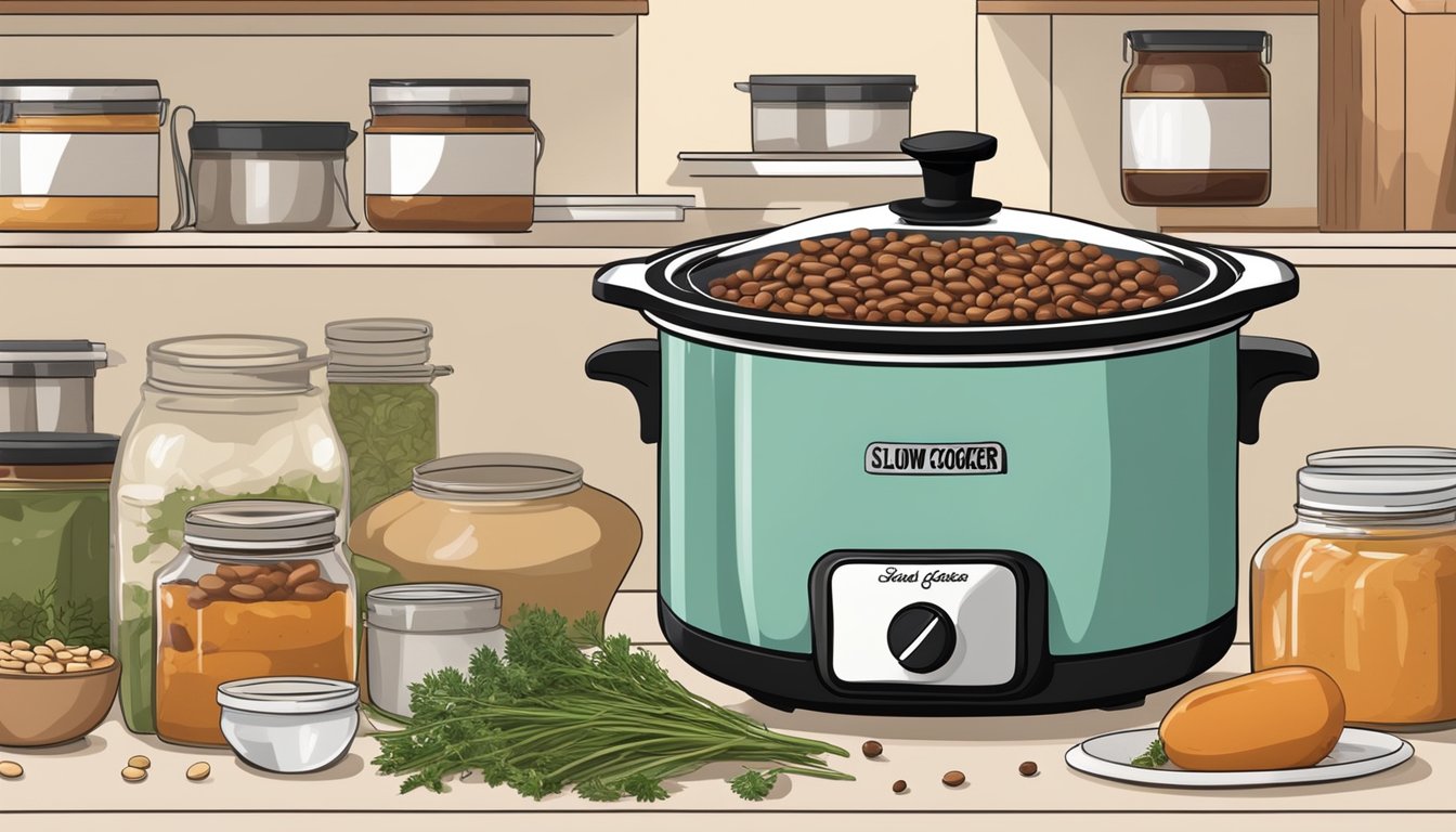 A slow cooker surrounded by shelf stable ingredients like canned beans, dried herbs, and jars of sauce on a kitchen counter