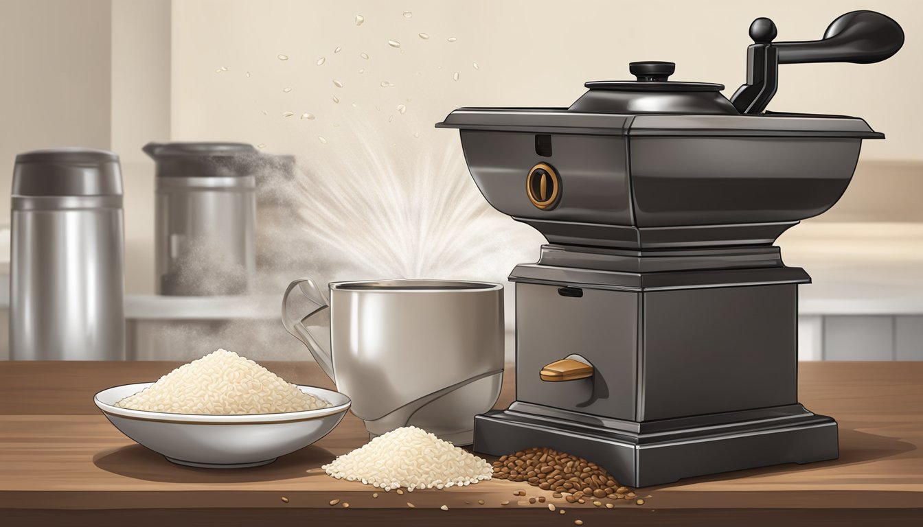 White rice pouring into a coffee grinder, cleaning the interior