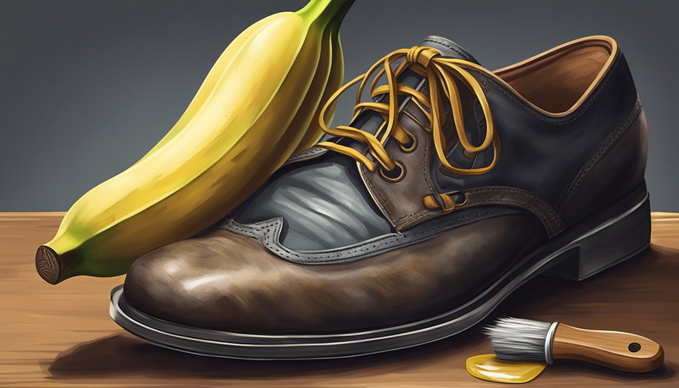 A banana peel being used as a shoe polish applicator on a worn-out leather shoe