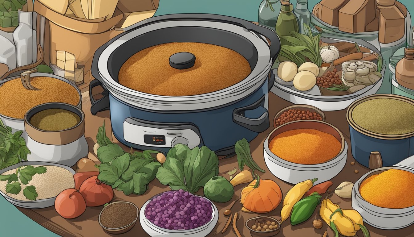 A colorful array of global ingredients, from spices to canned goods, surround a slow cooker on a kitchen counter