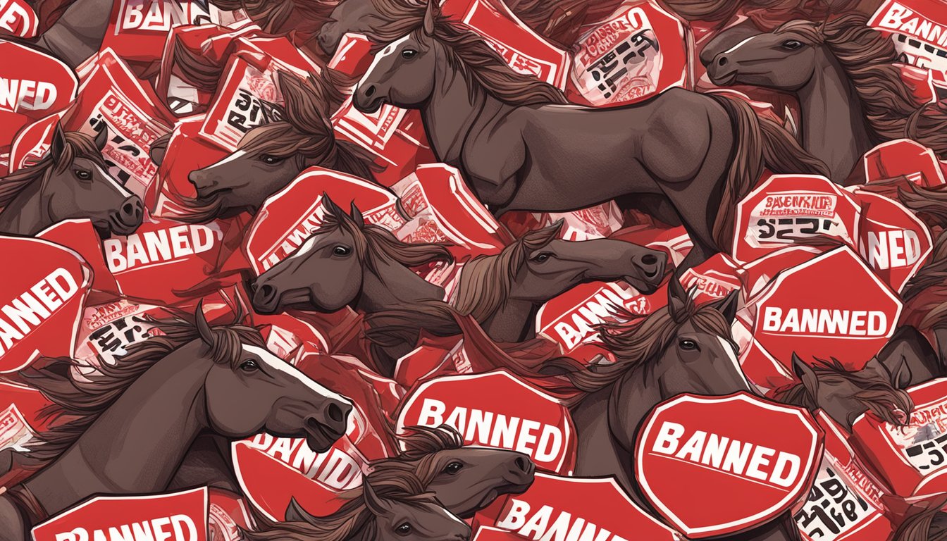 A pile of horse meat jerky surrounded by 10 red "banned" signs