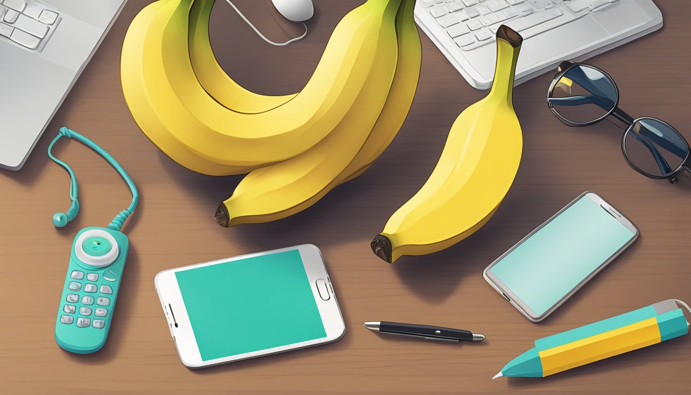 A banana peel being used as a makeshift phone stand, propping up a smartphone on a desk